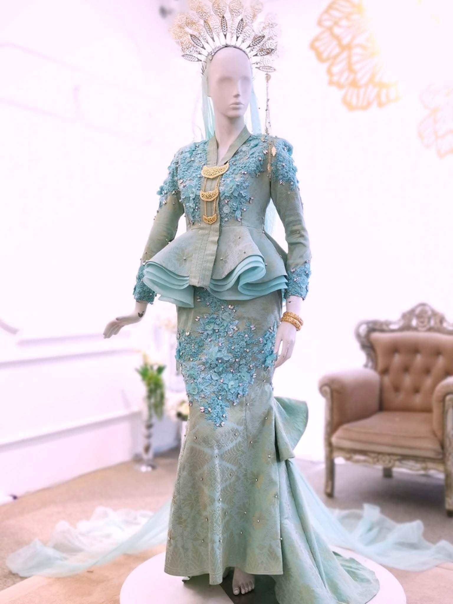 MARISSA - Breathtaking Two-Piece Peplum Songket Wedding Dress, Mint Green and Light Gold from PP Signature Bridal Boutique-Tempah Baju Pengantin Online