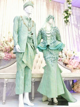 Preloved wedding dress-Baju Sanding for sale-Songket wedding dress-Mint green wedding dress-Light gold wedding dress-Two-piece wedding dress-Peplum bridal gown-Traditional Malay wedding attire-Elegant bridal wear-Sustainable wedding dress