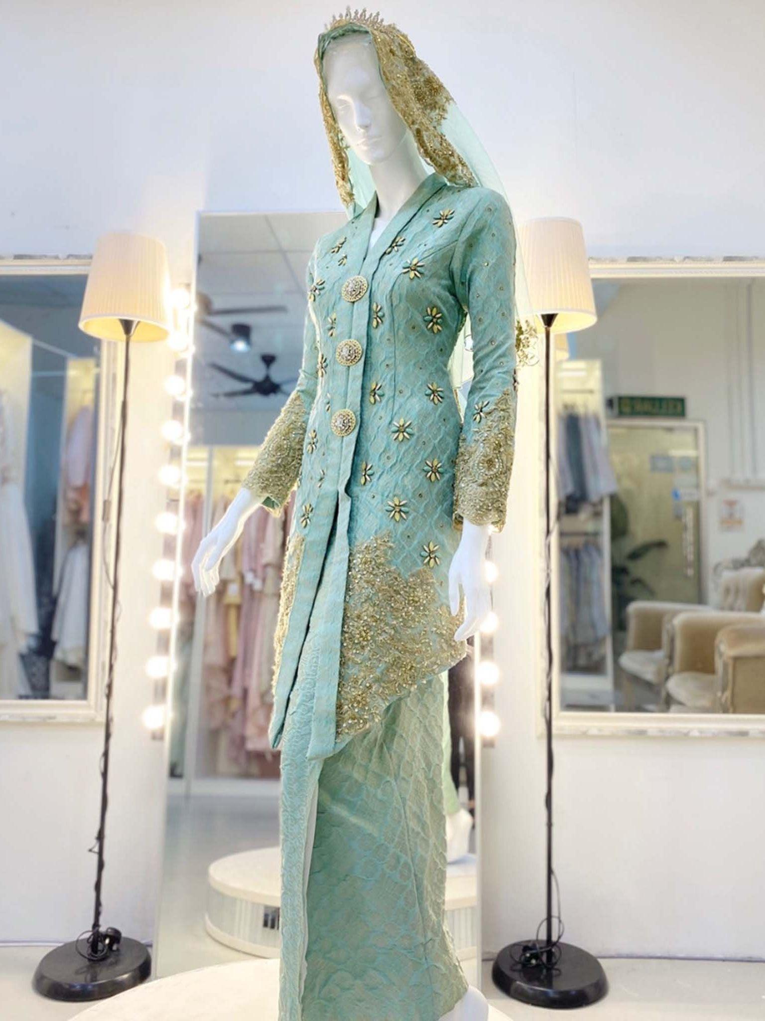 SABARIAH - Magnetic Kebaya Songket Wedding Dress, Mint Green and Gold - Baju Pengantin from PP Signature Bridal Boutique-Tempah Baju Pengantin Online
