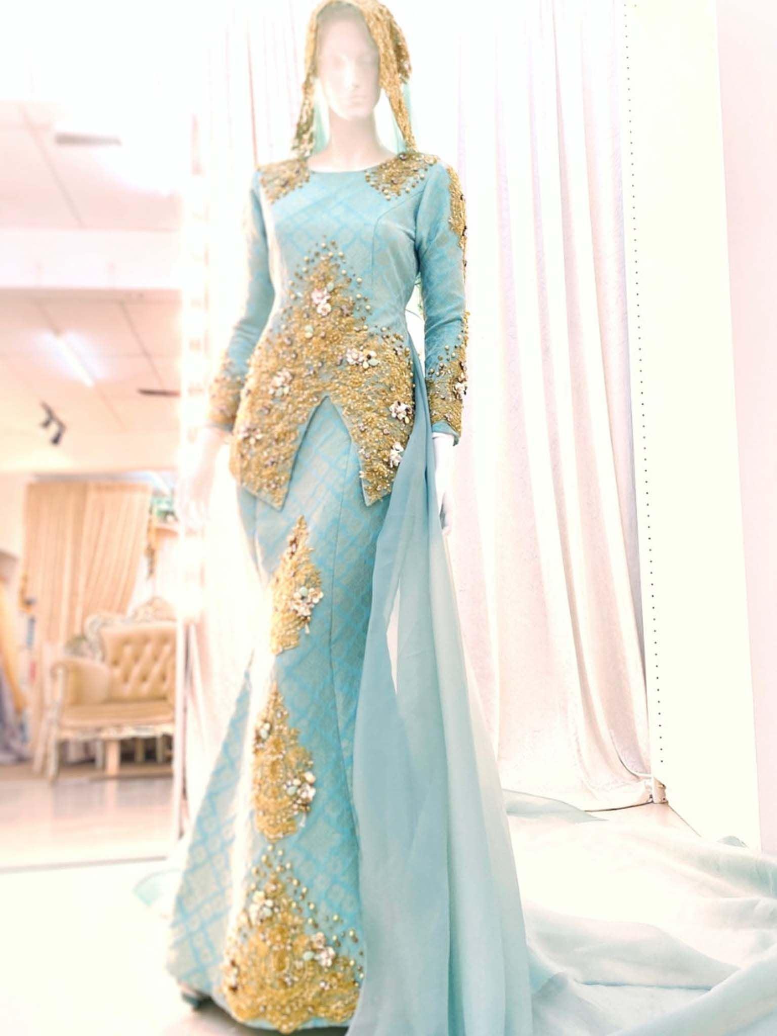 SORAYA - Two-Piece Songket Wedding Dress, Mint Green Turquiose and Light Gold from PP Signature Bridal Boutique-Tempah Baju Pengantin Online