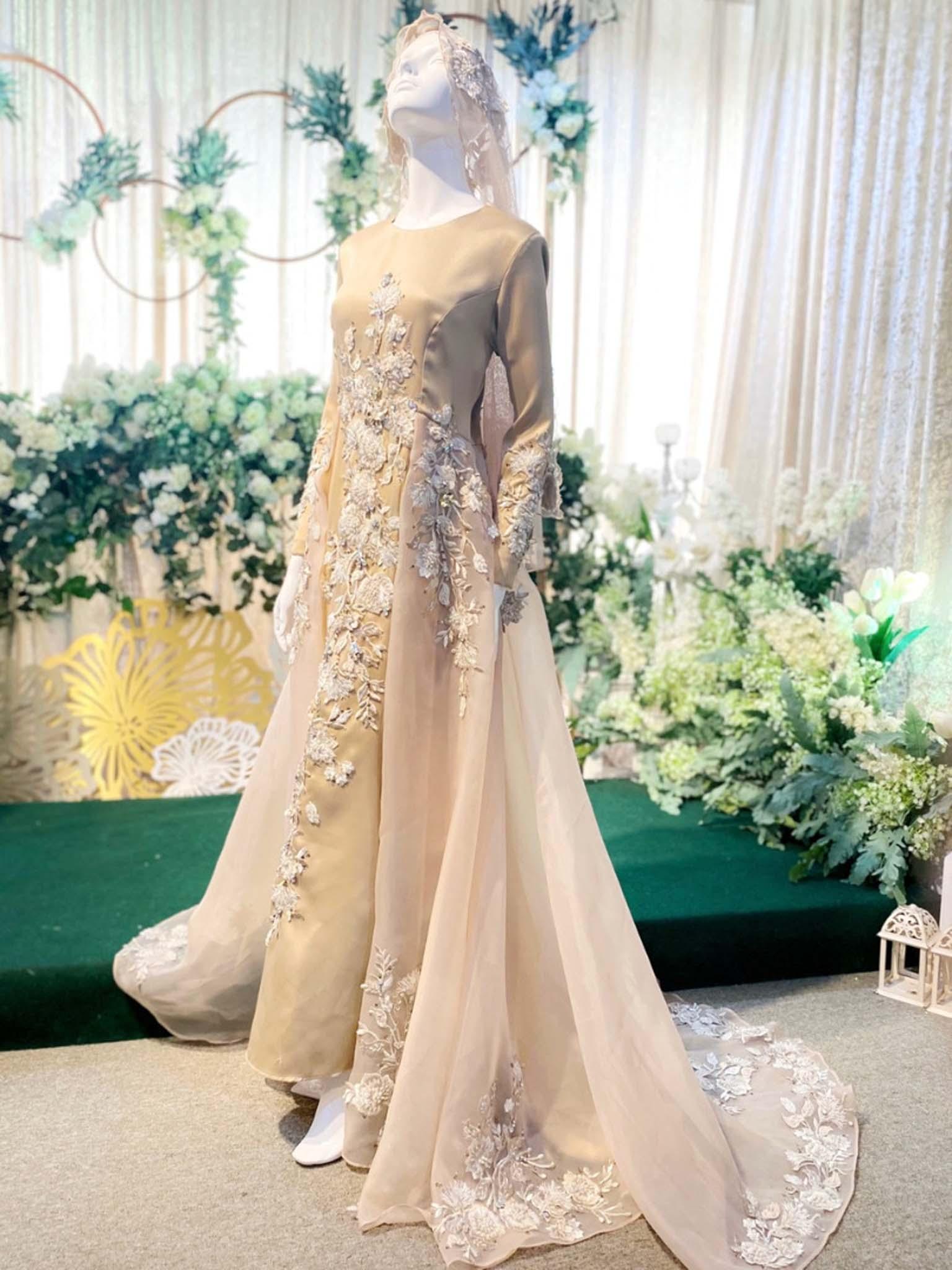 Sewa Baju Pengantin Muslimah Dress with Trail, Duchess Dusty Champagne by PP Signature Bridal Boutique-Malay Wedding Dress