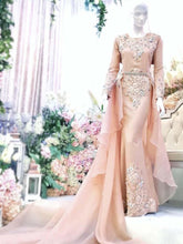 Sewa Baju Pengantin Muslimah Plus Size Dress with Trail, Duchess with Organdy Brown Champagne-Malay Wedding Dress