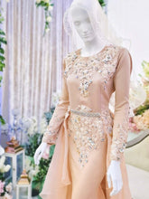 Sewa Baju Pengantin Muslimah Plus Size Dress with Trail, Duchess with Organdy Brown Champagne-Malay Wedding Dress