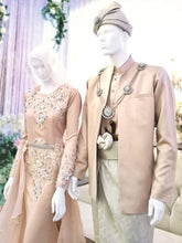 Sewa Baju Pengantin Muslimah Plus Size Dress with Trail, Duchess with Organdy Brown Champagne-Malay Wedding Dress