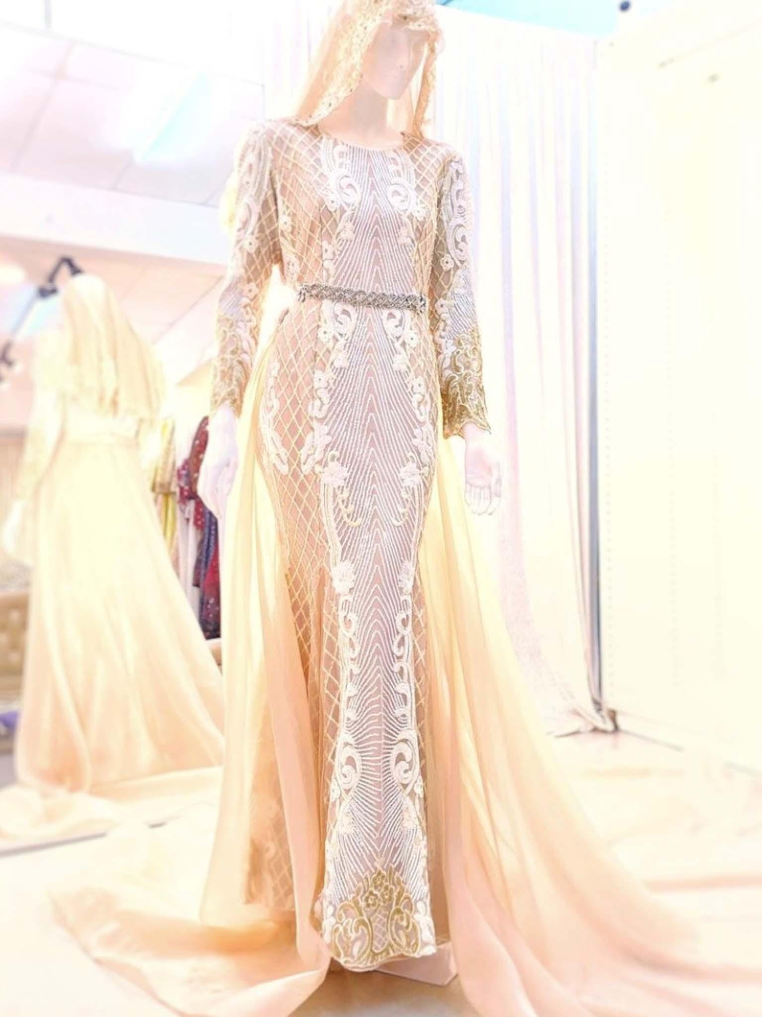 Sewa Baju Pengantin Muslimah Trumpet Dress with Detachable Trail, Sequin lace Light Brown Champagne-Malay Wedding Dress