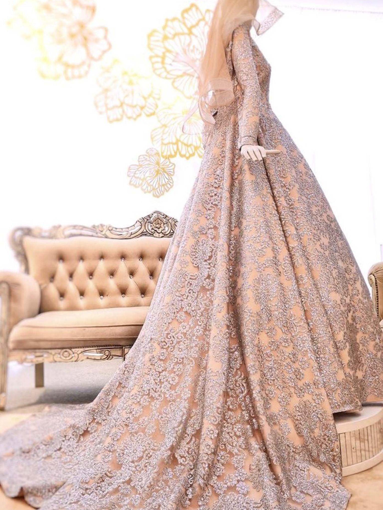 Sewa Baju Pengantin Muslimah Ballgown, Duchess with Glitter Lace Brown Champagne by PP Signature Bridal Boutique-Malay Wedding Dress
