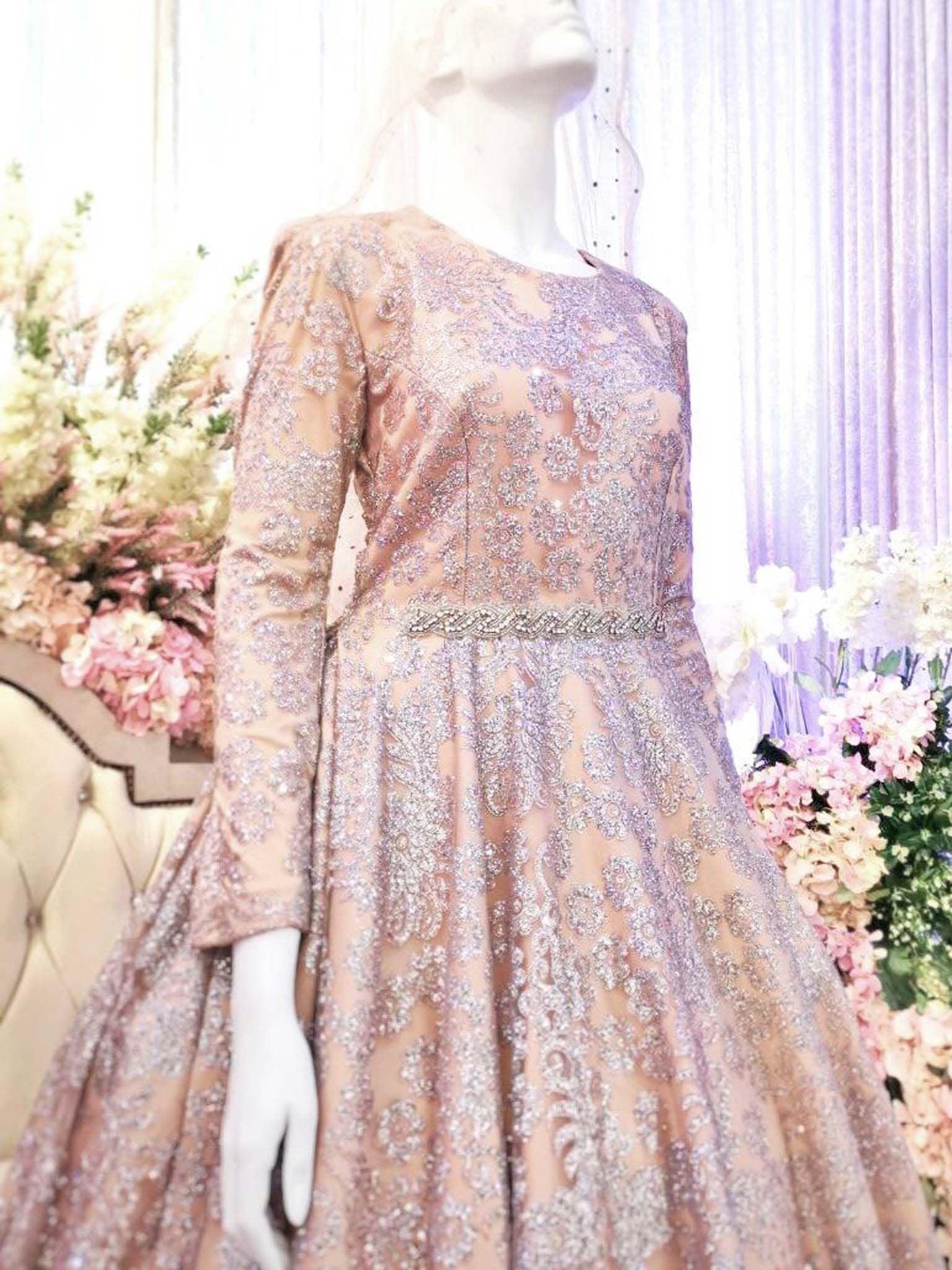 Sewa Baju Pengantin Muslimah Ballgown, Duchess with Glitter Lace Brown Champagne by PP Signature Bridal Boutique-Malay Wedding Dress