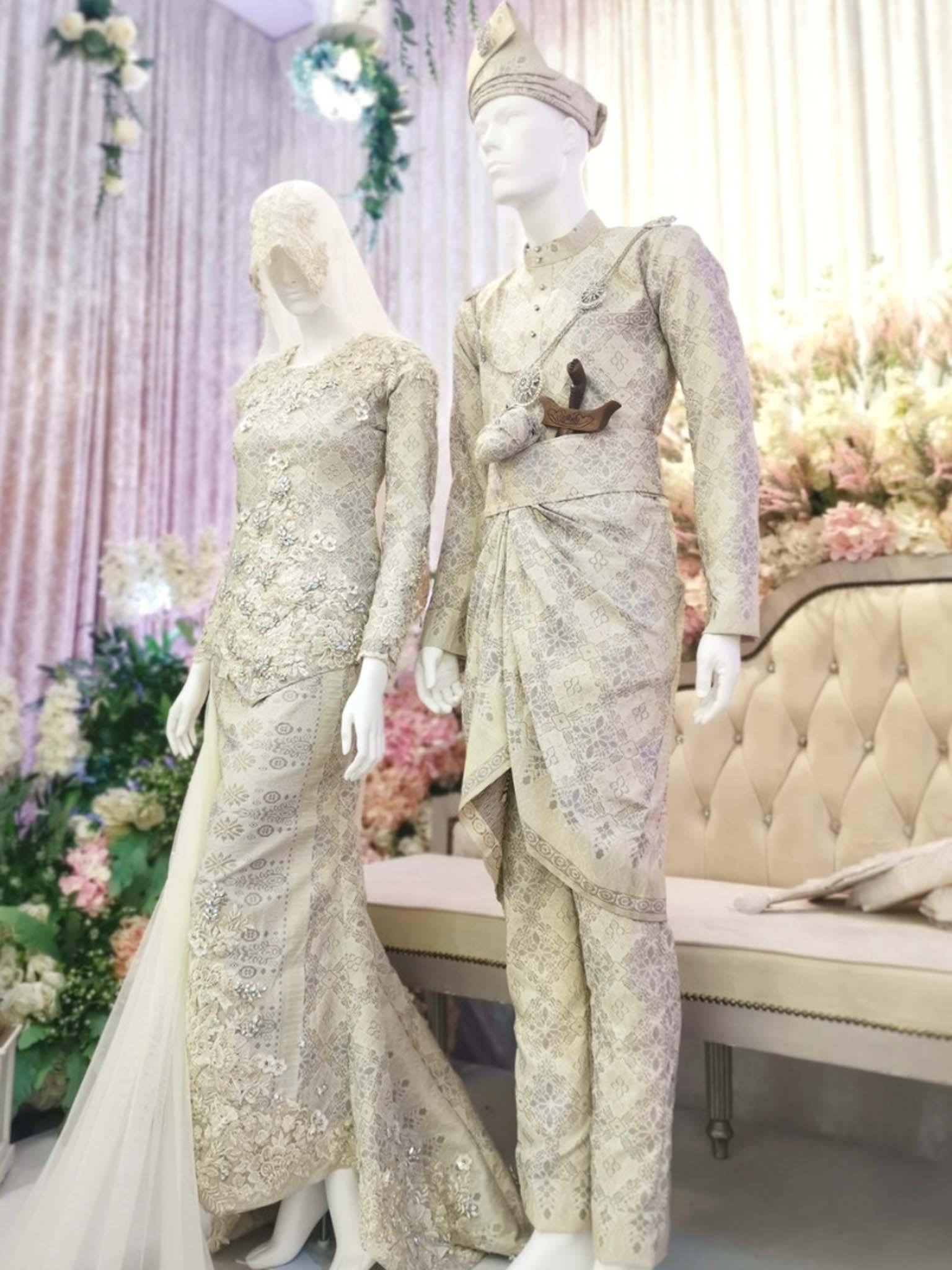 Sewa Baju Pengantin Muslimah Two Piece V Dress, Songket Light Brown by PP Signature Bridal Boutique-Malay Wedding Dress