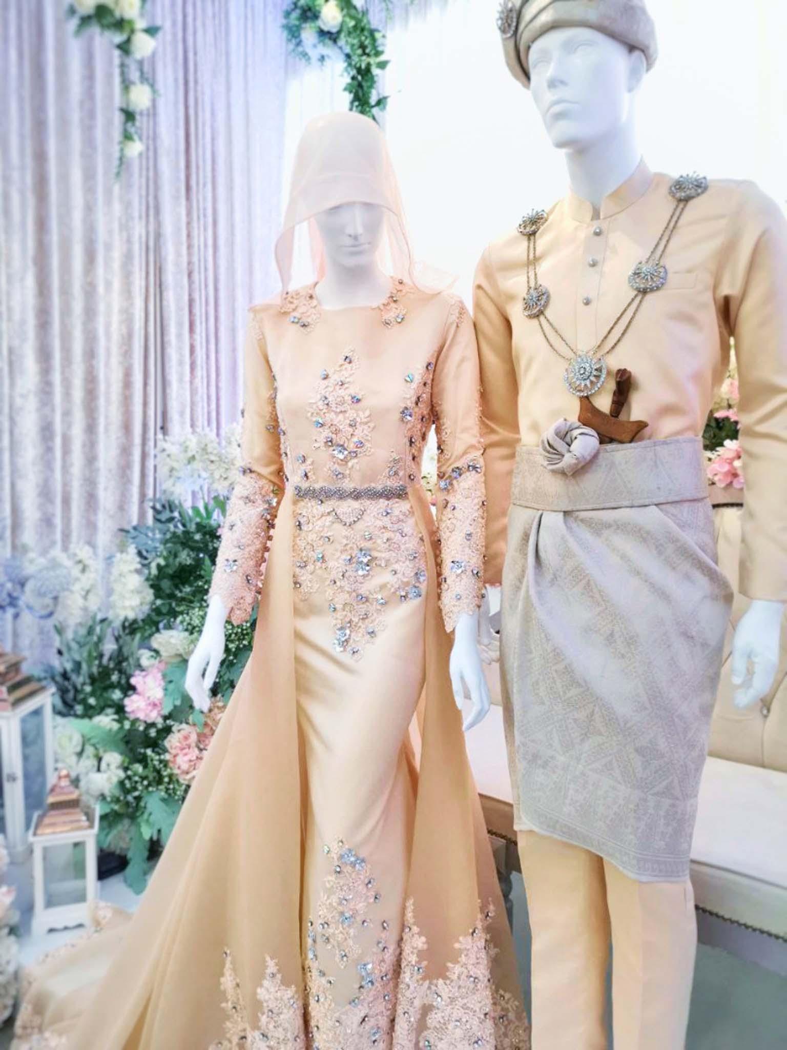 Sewa Baju Pengantin Muslimah Dress with Trail, Duchess Creamy Light Champagne by PP Signature Bridal Boutique-Malay Wedding Dress