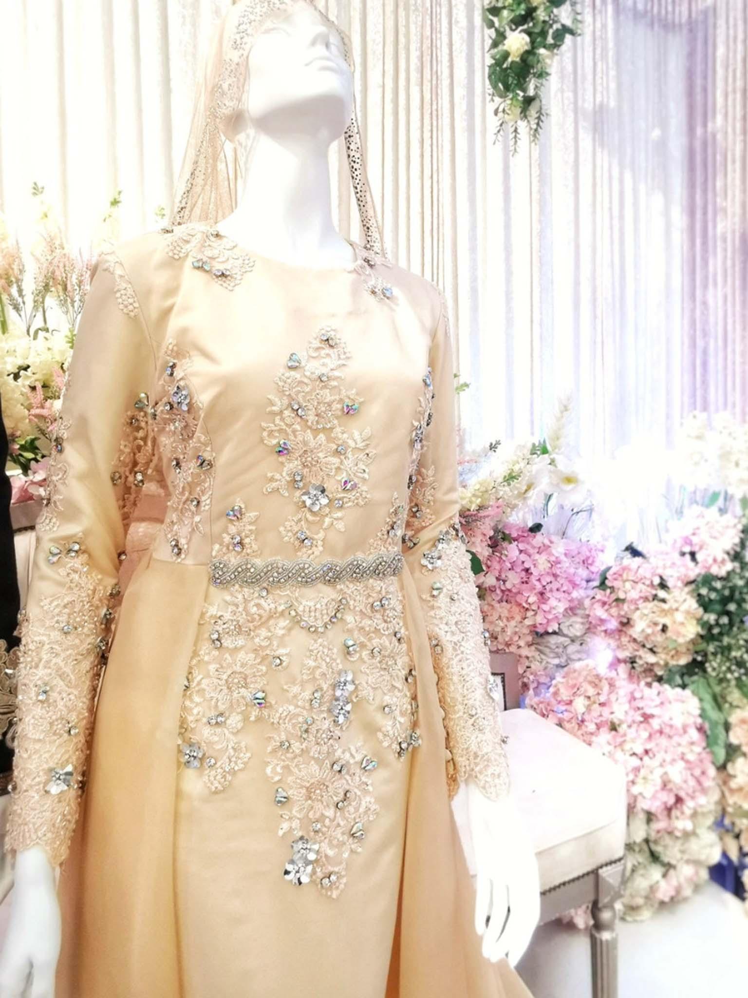 Sewa Baju Pengantin Muslimah Dress with Trail, Duchess Creamy Light Champagne by PP Signature Bridal Boutique-Malay Wedding Dress