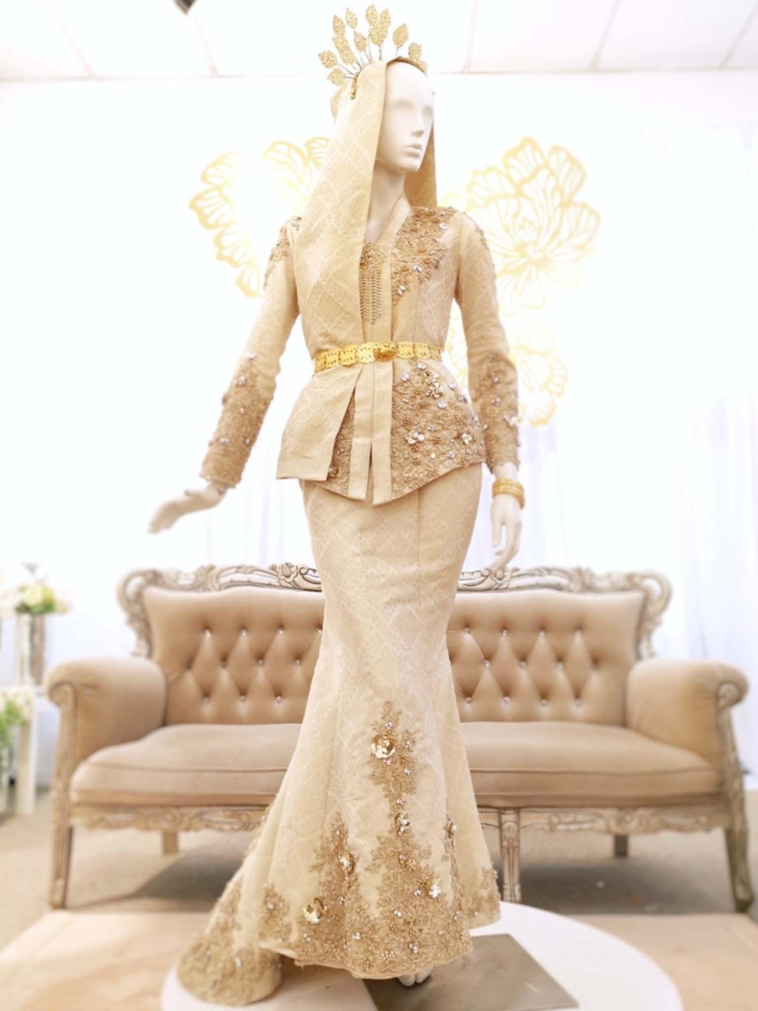 Sewa Baju Pengantin Muslimah Kebaya Moden, Songket Light brown champagne by PP Signature Bridal Boutique-Malay Wedding Dress