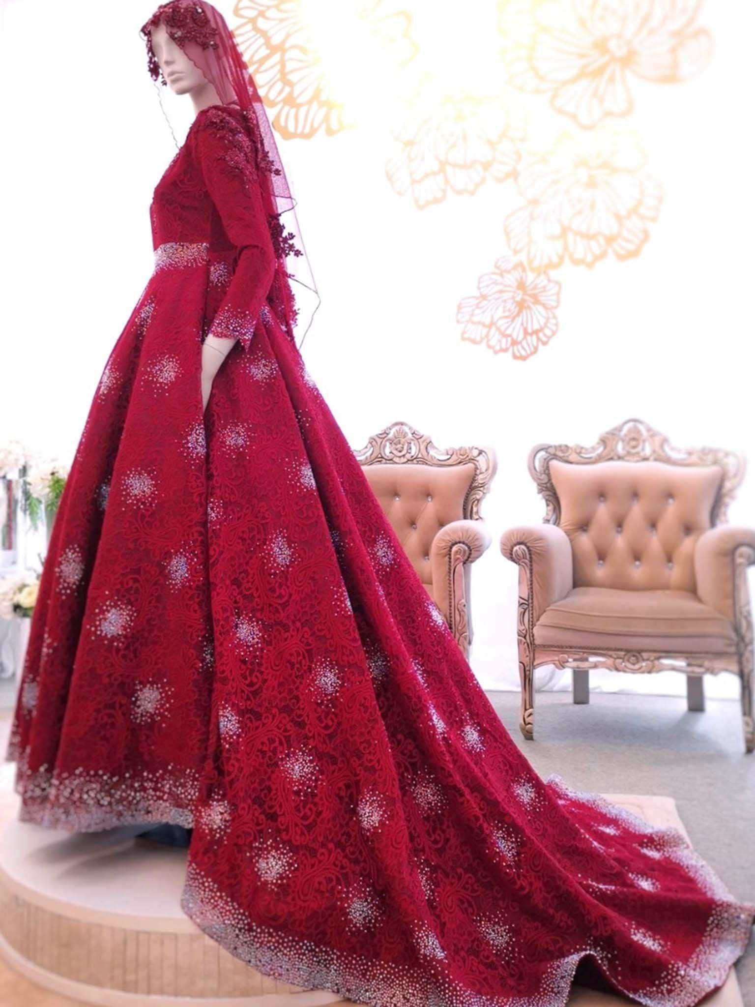 Promo Baju pakaian gaun pengantin busana pernikahan wanita gown dress  wedding dress slim span muslim perempuan hijab syari warna merah Diskon 5%  di Seller busana indah jaya 2 - Kampung Bali, Kota