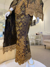 CENDANA - Baju Pengantin Kurung Pendek Dark Coco Brown and Gold Songket with Beaded Lace Detailing. Modern Traditional and elegant wedding dress with Dark Coco Brown and Gold songket fabric, featuring delicate beaded lace detailing on the bodice. Perfect for any Malay wedding. Available for rent in Malaysia and Singapore.