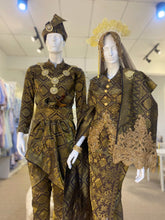 CENDANA - Baju Pengantin Kurung Pendek Dark Coco Brown and Gold Songket with Beaded Lace Detailing. Modern Traditional and elegant wedding dress with Dark Coco Brown and Gold songket fabric, featuring delicate beaded lace detailing on the bodice. Perfect for any Malay wedding. Available for rent in Malaysia and Singapore.